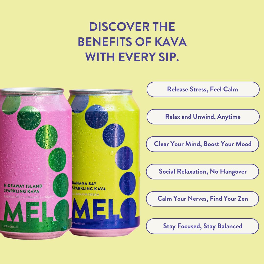 Melo Sparkling Kava Drink, Banana Cream Flavor, Sugar-Free Non-Alcoholic Beverage - Zero Calories, Gluten-Free, Vegan, 100% Natural Mocktail with 100mg Kava Root - 6 Pack of 12 oz Cans