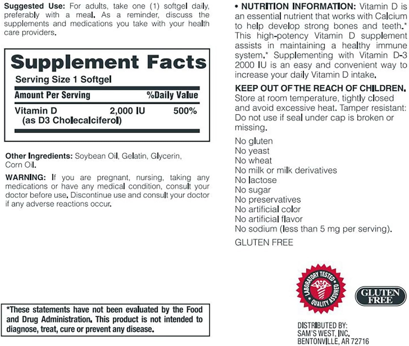 Member's Mark Vitamin D-3 2000 IU Dietary Supplement - 400 Count Bottle