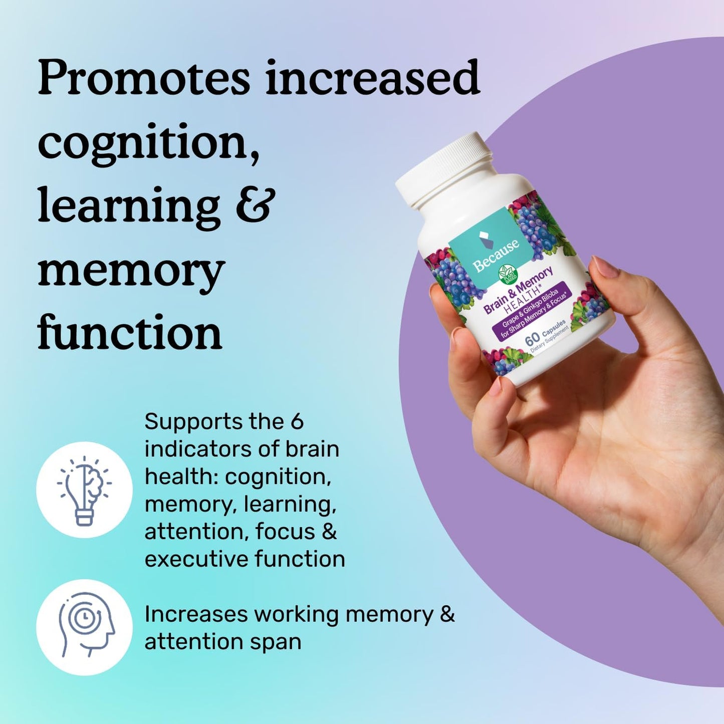 Memory and Focus Brain Supplement with Ginkgo Biloba - Cognitive Function Support - Vegan, Gluten-Free - 740mg - 60 Capsules