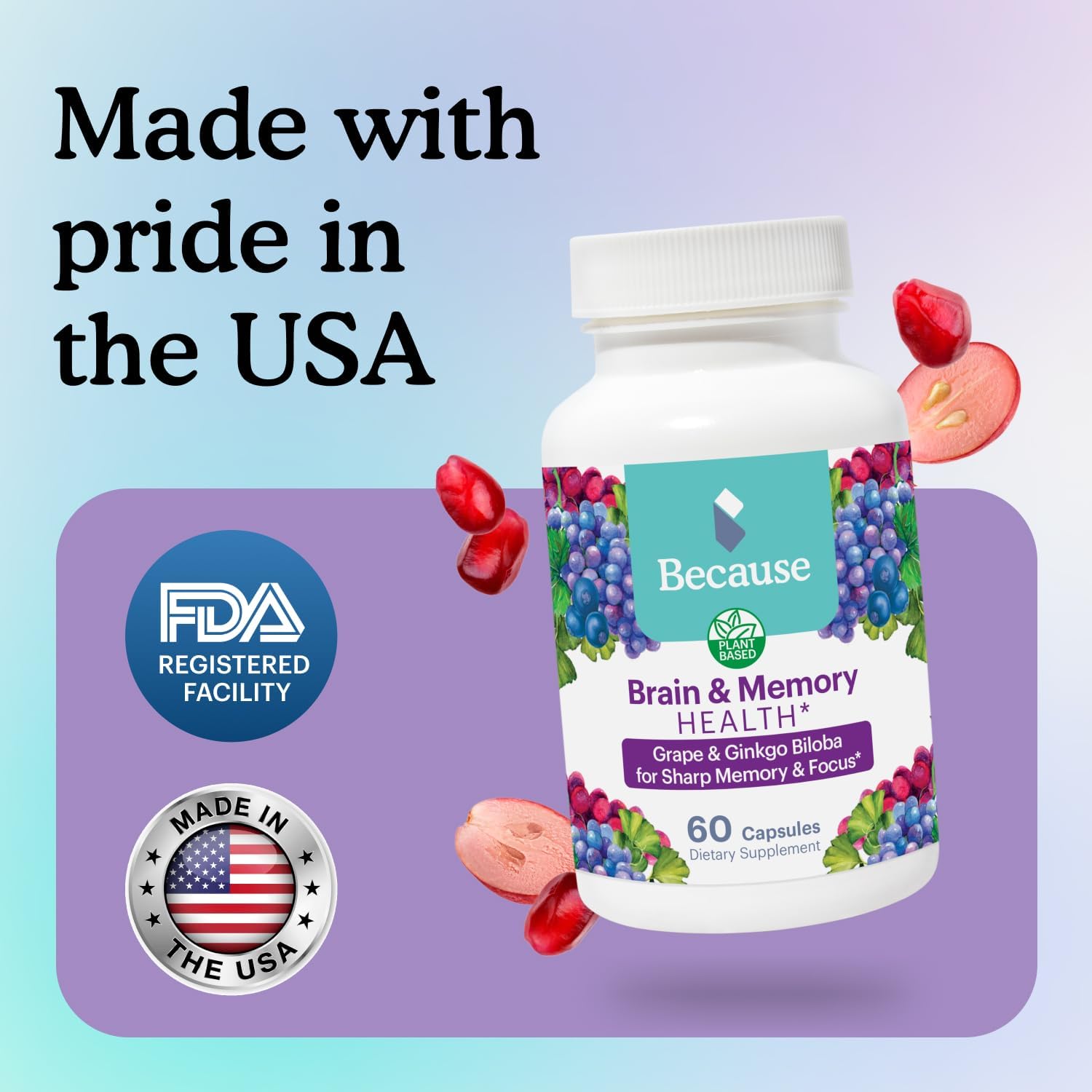 Memory and Focus Brain Supplement with Ginkgo Biloba - Cognitive Function Support - Vegan, Gluten-Free - 740mg - 60 Capsules