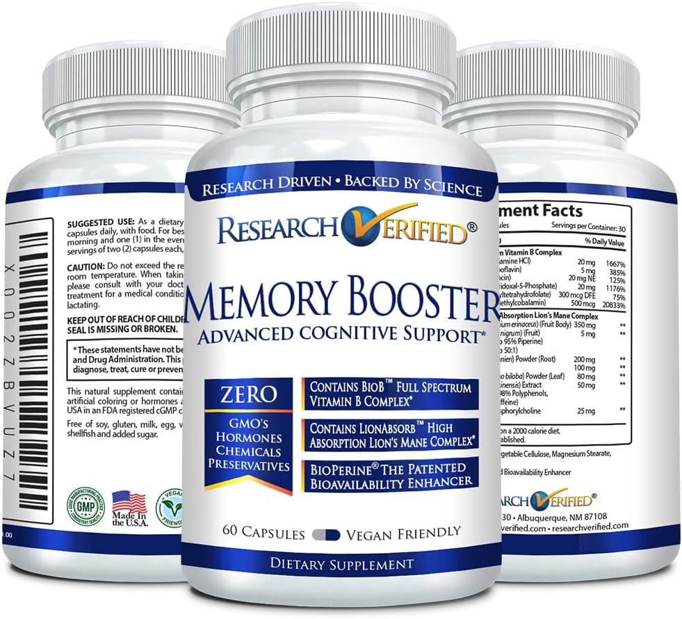 Memory Booster Nootropic Supplement - Enhance Cognition & Memory - Lion’s Mane, Ginkgo Biloba, BioPerine - 3 Month Supply - Non-GMO, USA Made
