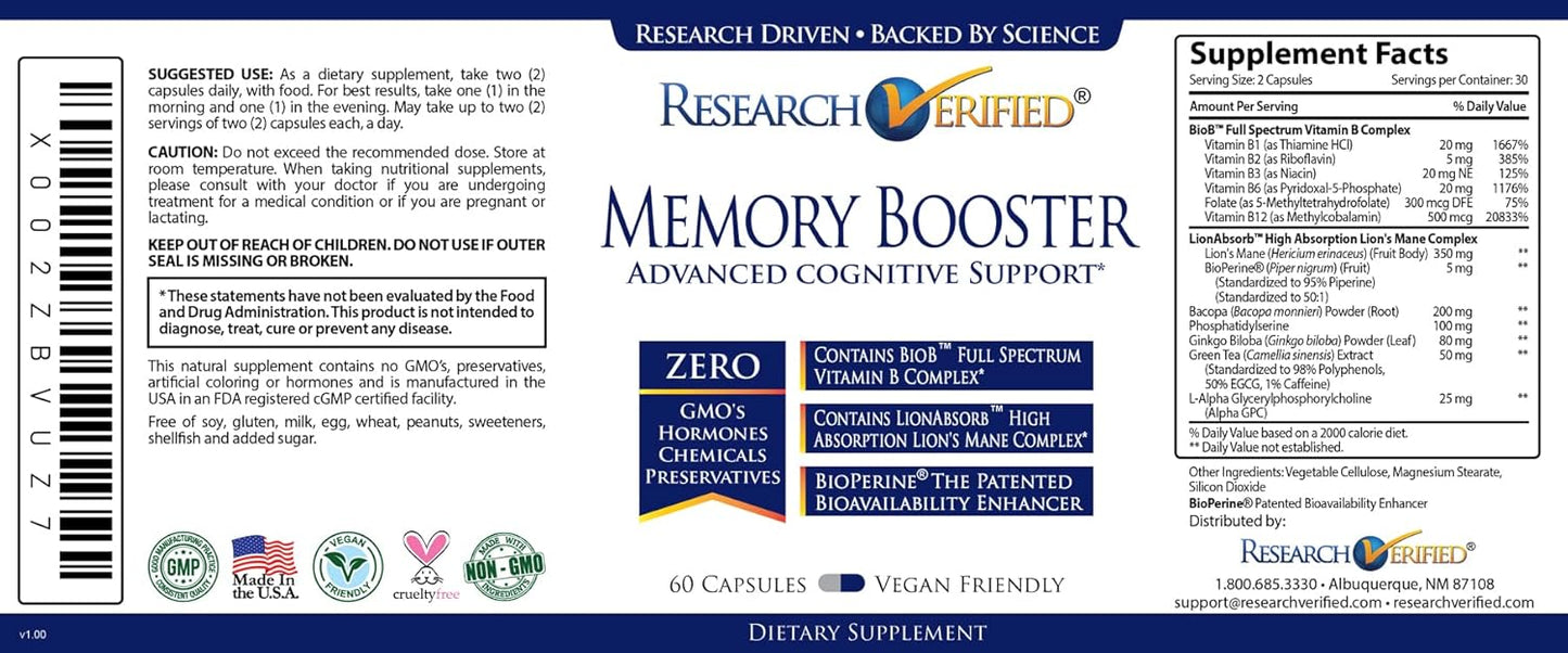 Memory Booster Nootropic Supplement - Enhance Cognition & Memory - Lion’s Mane, Ginkgo Biloba, BioPerine - 3 Month Supply - Non-GMO, USA Made