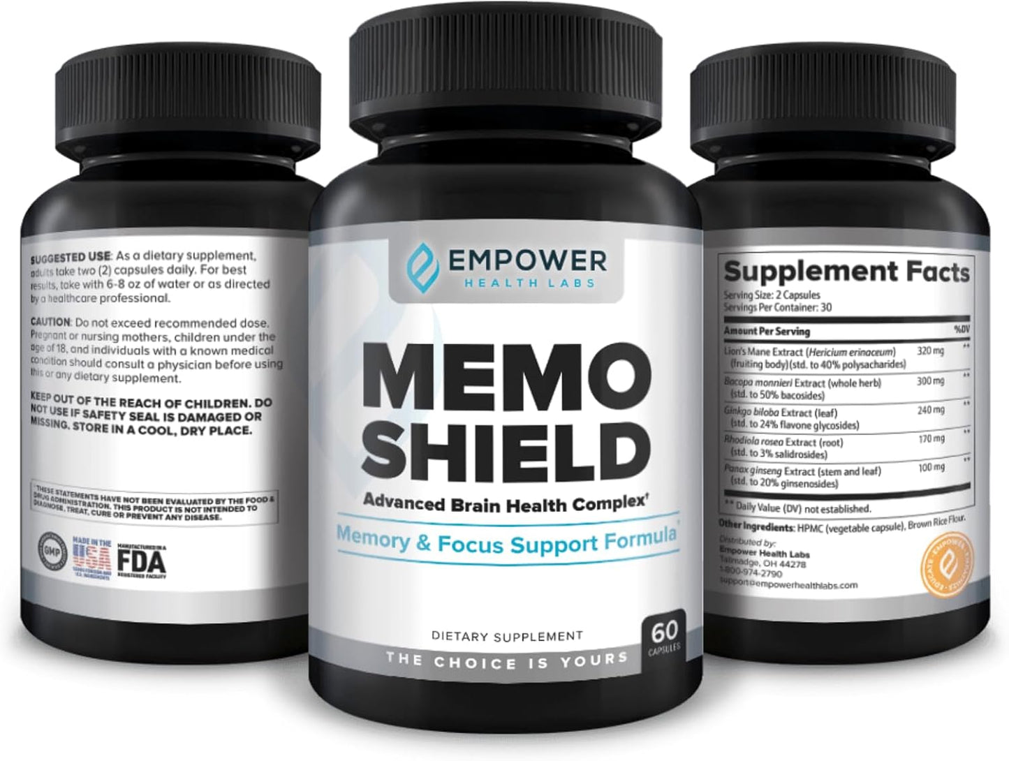 MemoShield Brain Health Supplement - Enhanced Memory Support with Lion's Mane, Bacopa Monnieri, and Ginkgo Biloba - Cognitive Function and Brain Health Formula - 60 Capsules by Empower Health Labs
