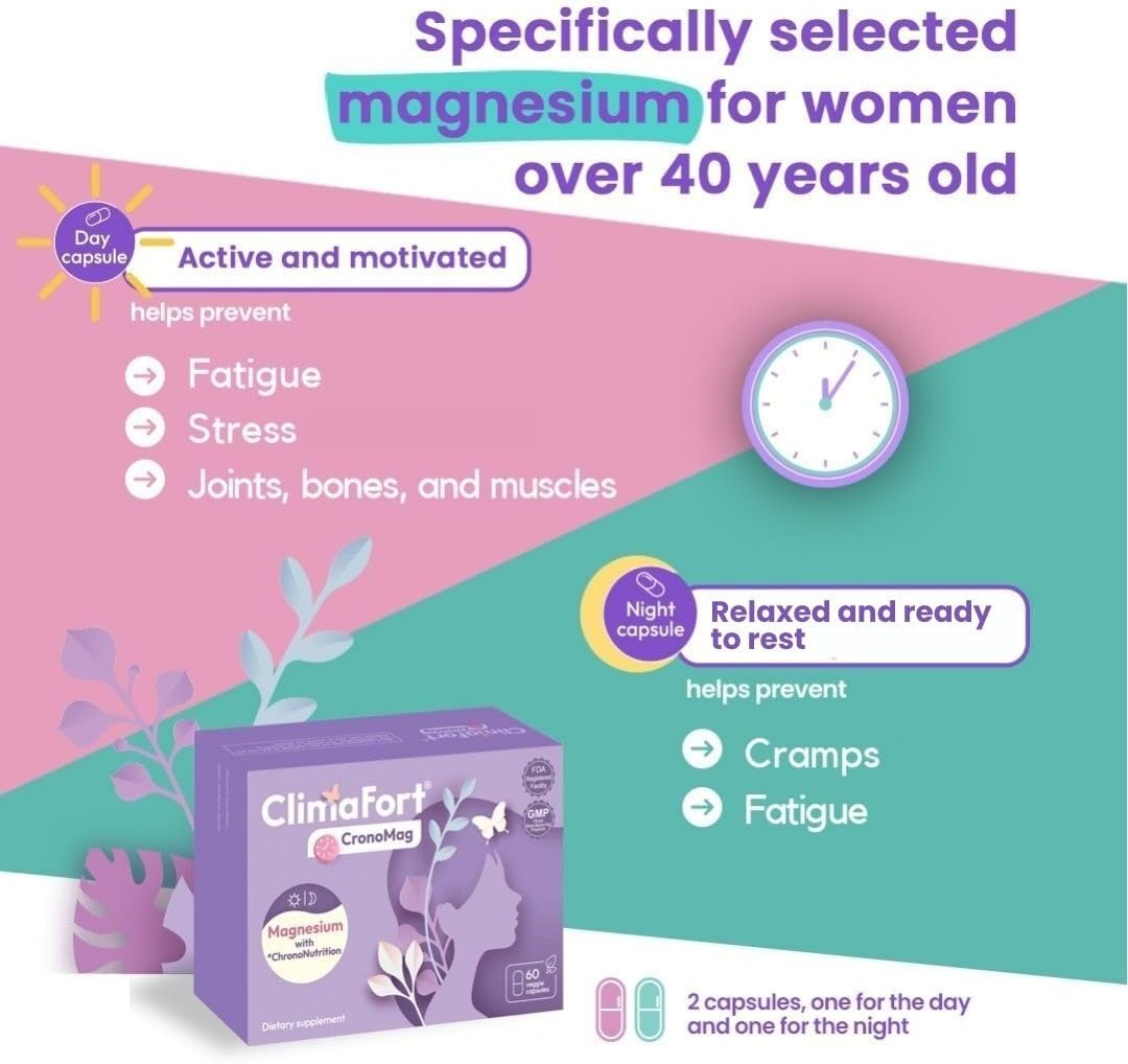 Menopause Energy Supplement with Magnesium Bisglycinate & B12 | Climafort CronoMag | 5 Salts Glycerophosphate | 30 Day Supply