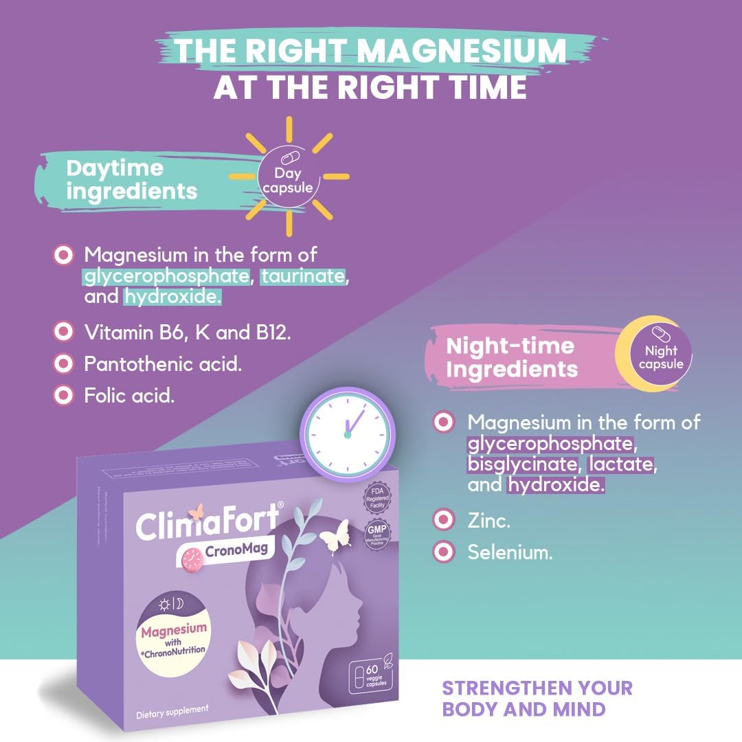 Menopause Energy Supplement with Magnesium Bisglycinate & B12 | Climafort CronoMag | 5 Salts Glycerophosphate | 30 Day Supply