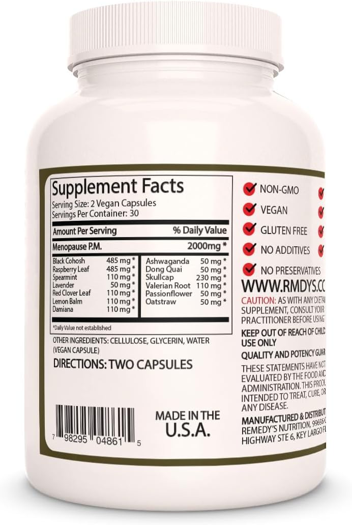 Menopause PM Herbal Dietary Supplement | 1,000 mg, 60 Vegan Capsules | Two Month Supply | Non-GMO & Additive-Free