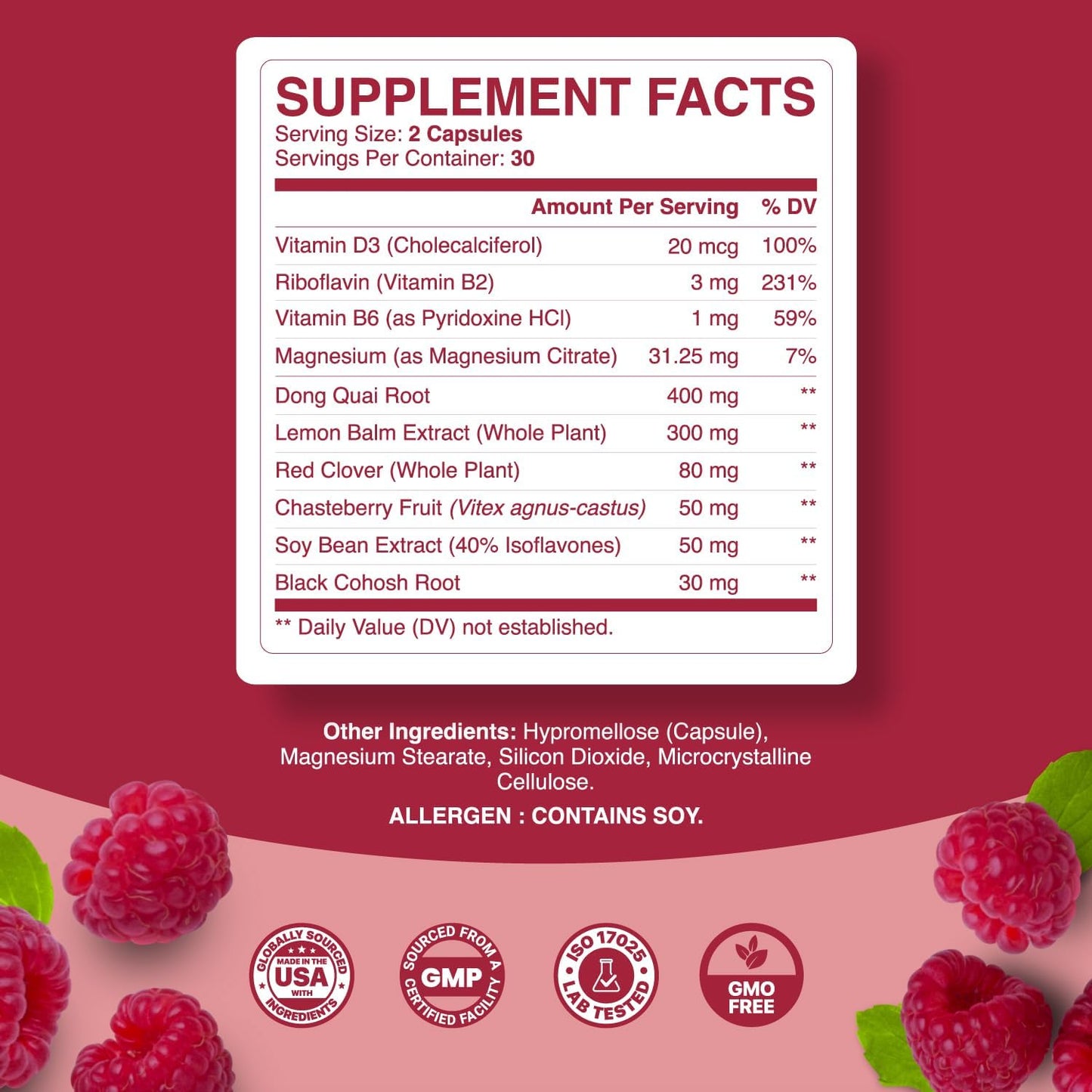 Menopause Relief Herbal Supplement for Women - Hormone Balance Capsules with Dong Quai, Chaste Berry & Black Cohosh Root - 60 Count Pack