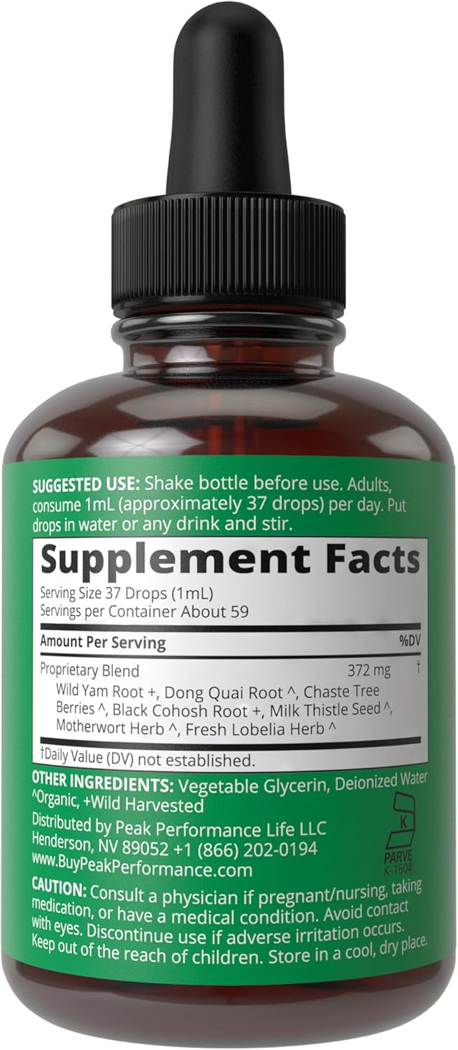 Menopause Relief Liquid Drops with 7 Herbal Ingredients for Peak Performance - Vegan Support for Hot Flashes and Hormonal Balance