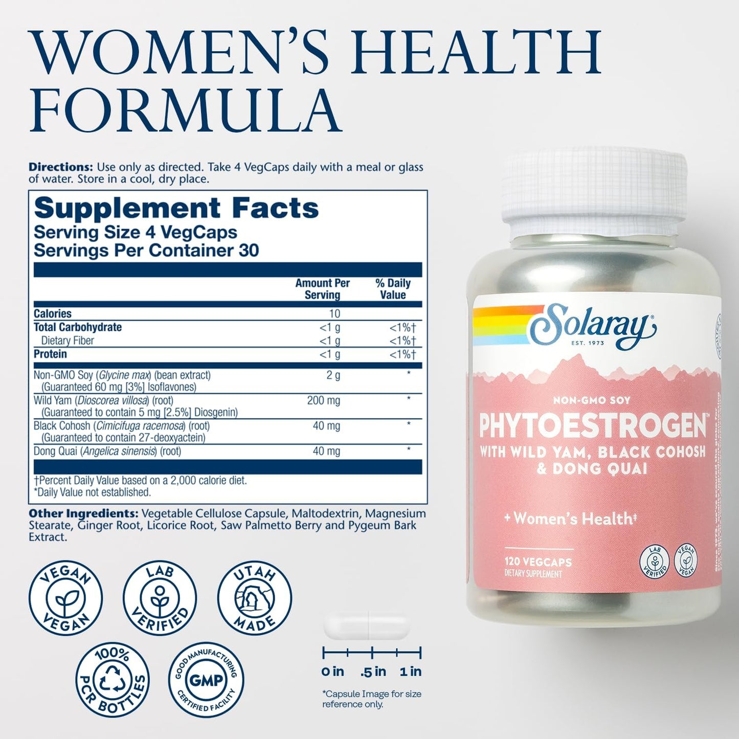 Menopause Support Supplement with Wild Yam, Black Cohosh, and Dong Quai - Vegan Estrogen Pills for Women's Health - Lab Verified - 60-Day Guarantee - 120 VegCaps