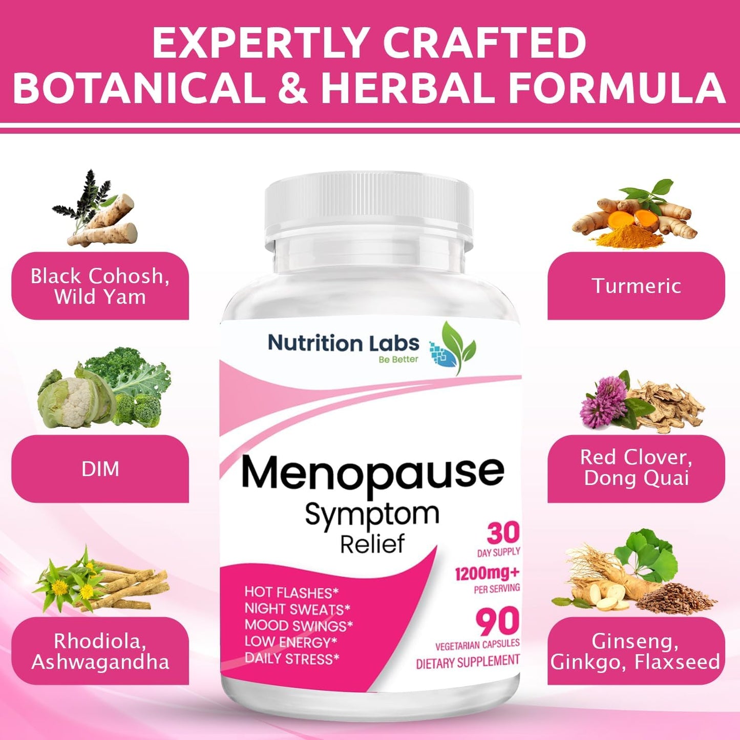 Menopause Symptom Relief Supplement for Women - Vegan Ingredients, Drug-Free, Non-GMO - 90 Count