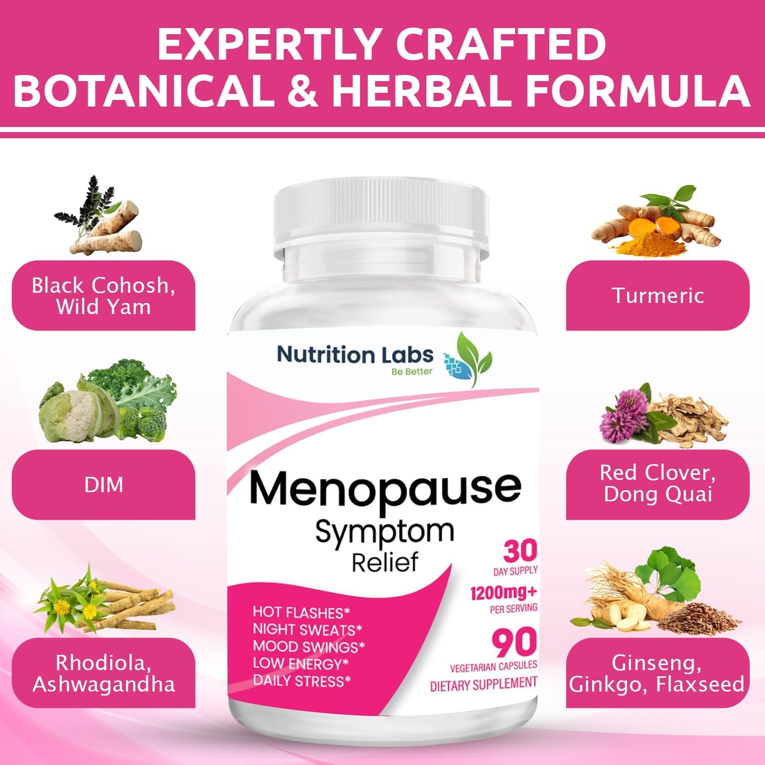 Menopause Symptom Relief Supplement for Women - Vegan Ingredients, Drug-Free, Non-GMO - 90 Count
