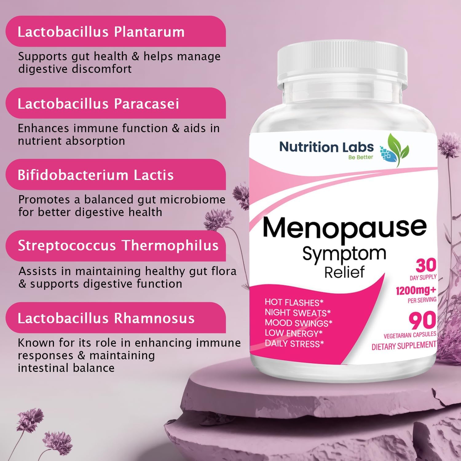 Menopause Symptom Relief Supplement for Women - Vegan Ingredients, Drug-Free, Non-GMO - 90 Count