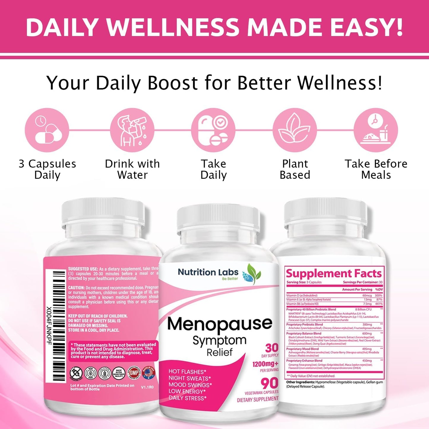 Menopause Symptom Relief Supplement for Women - Vegan Ingredients, Drug-Free, Non-GMO - 90 Count