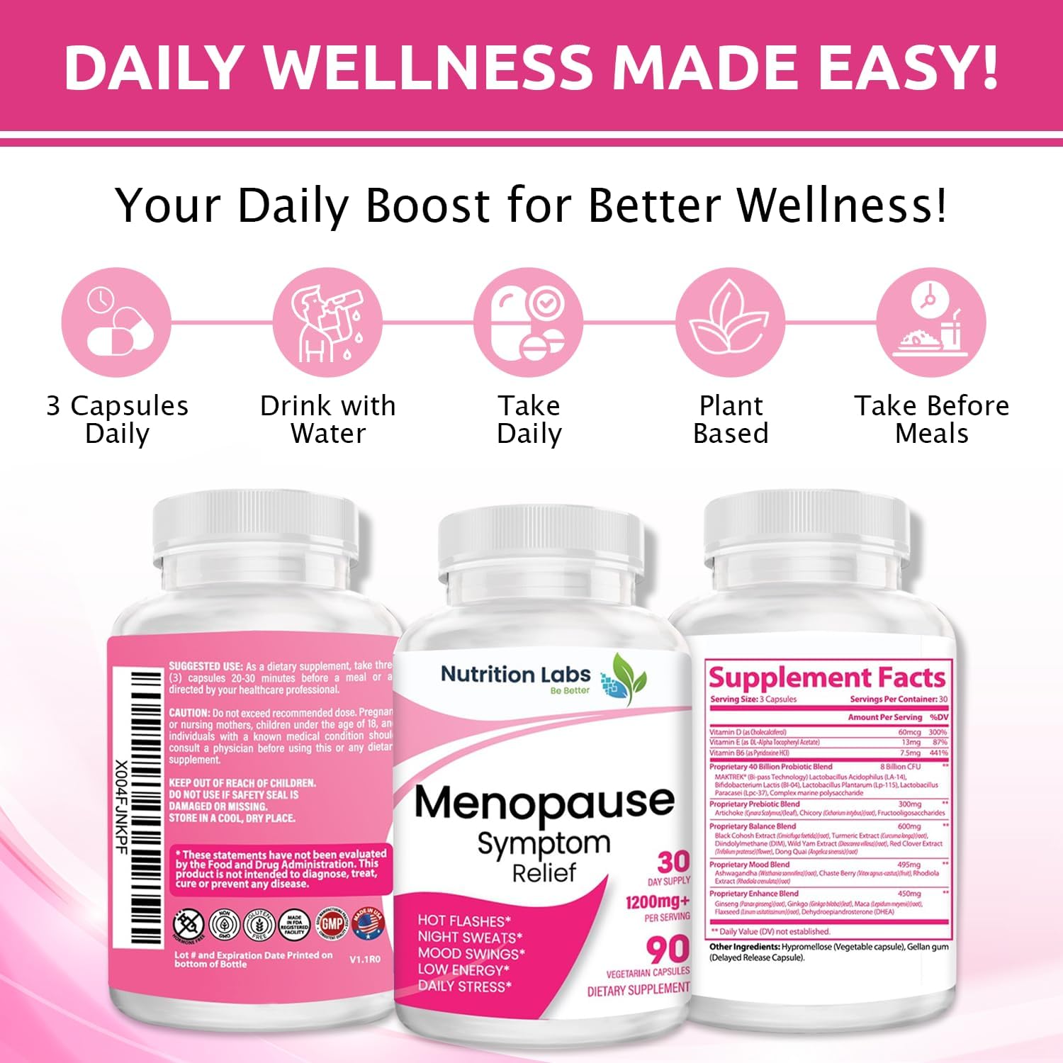 Menopause Symptom Relief Supplement for Women - Vegan Ingredients, Drug-Free, Non-GMO - 90 Count