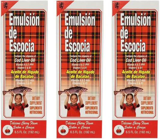 Menper Emulsion de Escocia Cod Liver Oil Dietary Supplement Cherry Flavoured 6.5 Fl Oz Pack of 3, Rich in Vitamins A, D, E, and B1
