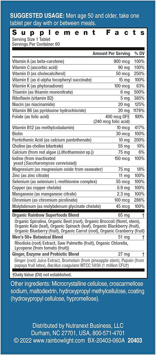 Men's 50+ Rainbow Light Multivitamin with Vitamin C, D, Zinc, Probiotics - High Potency Immune Support - Non-GMO Vegetarian Tablets