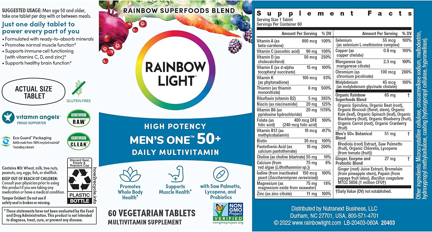 Men's 50+ Rainbow Light Multivitamin with Vitamin C, D, Zinc, Probiotics - High Potency Immune Support - Non-GMO Vegetarian Tablets