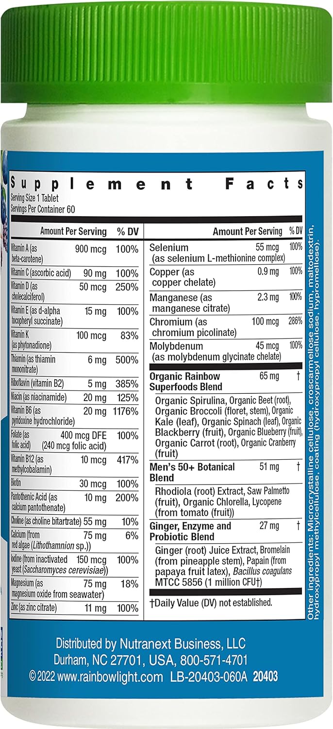 Men's 50+ Rainbow Light Multivitamin with Vitamin C, D, Zinc, Probiotics - High Potency Immune Support - Non-GMO Vegetarian Tablets