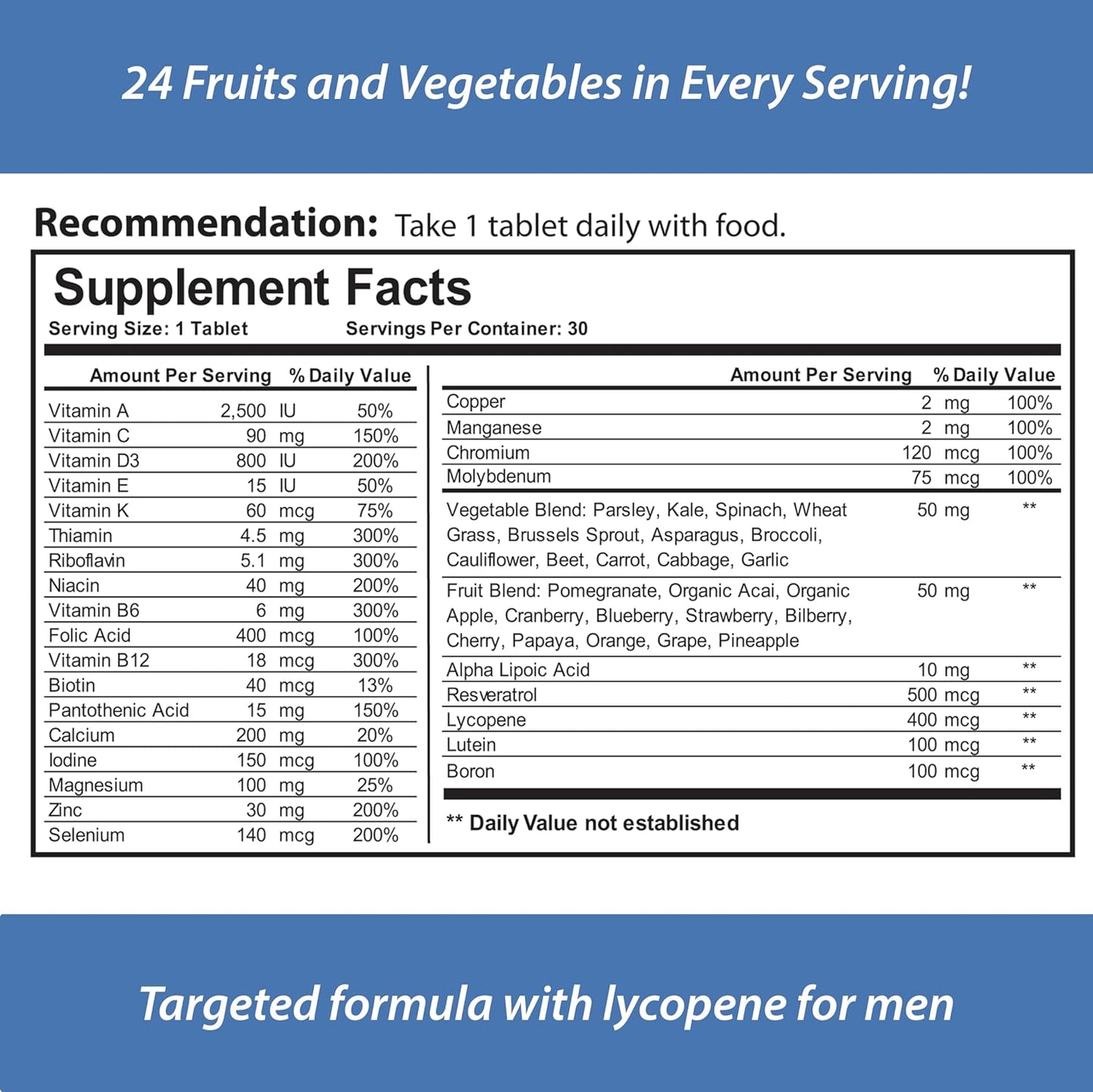 Men's All Natural Multivitamin with Antioxidants, Minerals, and 24 Fruits & Vegetables - 30 Day Supply
