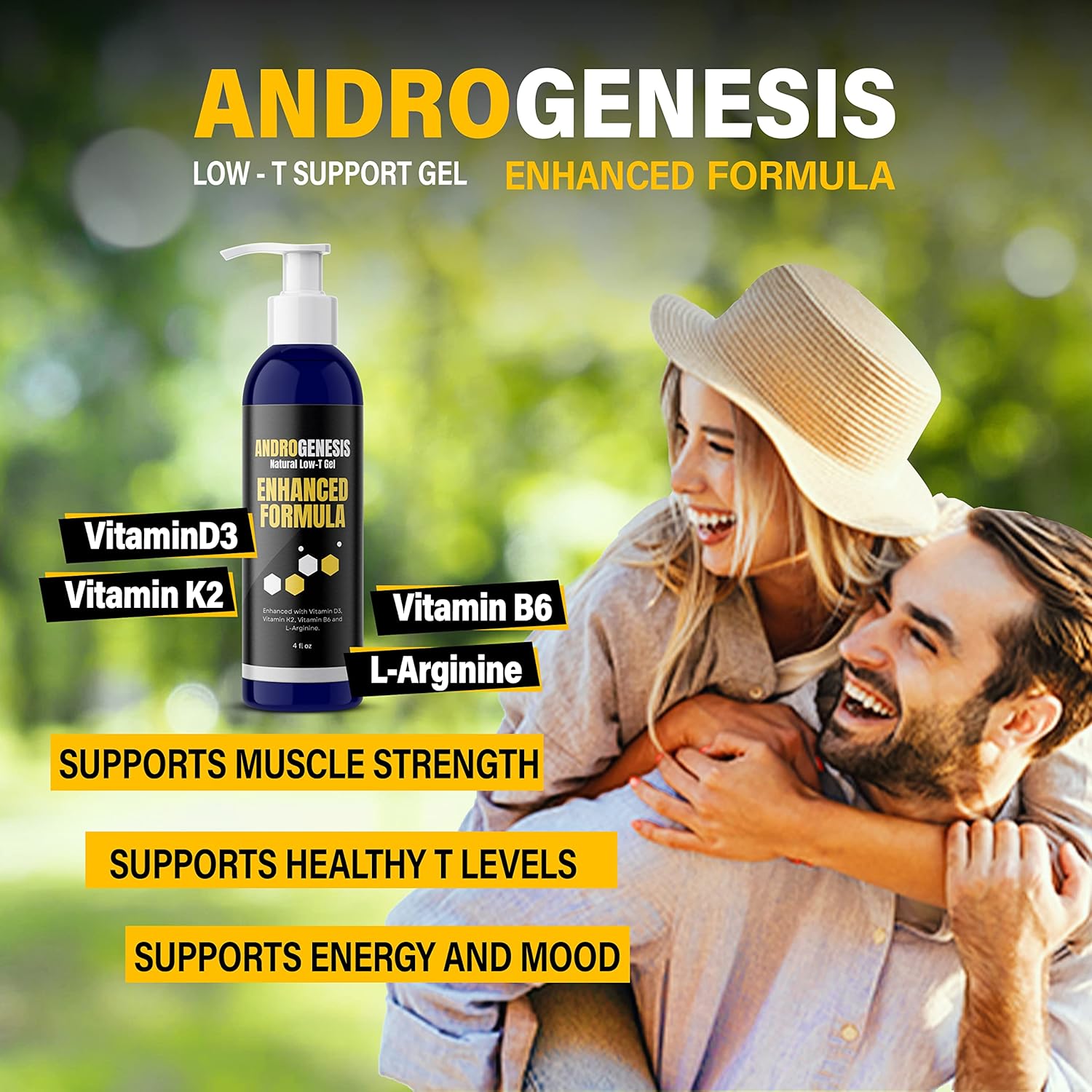 Men's Androgenesis Enhanced Formula Gel with Vitamin D3, K2, B6, L-Arginine - Low Testosterone Support, Muscle Recovery, Energy Boost, Healthy Aging