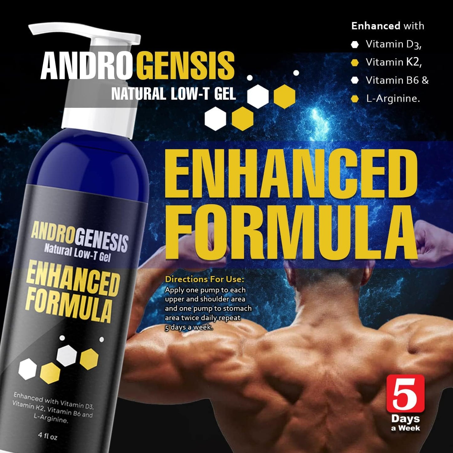 Men's Androgenesis Enhanced Formula Gel with Vitamin D3, K2, B6, L-Arginine - Low Testosterone Support, Muscle Recovery, Energy Boost, Healthy Aging