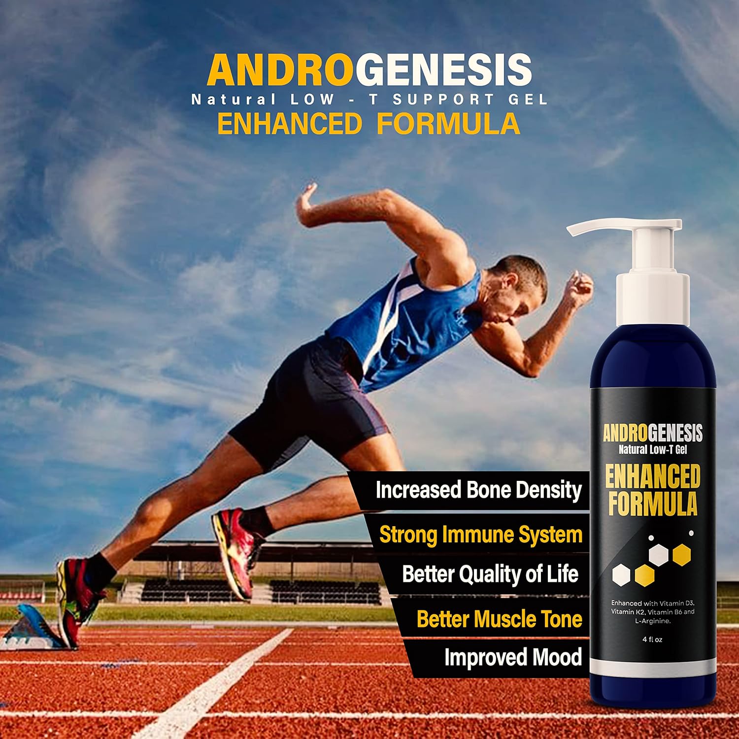 Men's Androgenesis Enhanced Formula Gel with Vitamin D3, K2, B6, L-Arginine - Low Testosterone Support, Muscle Recovery, Energy Boost, Healthy Aging
