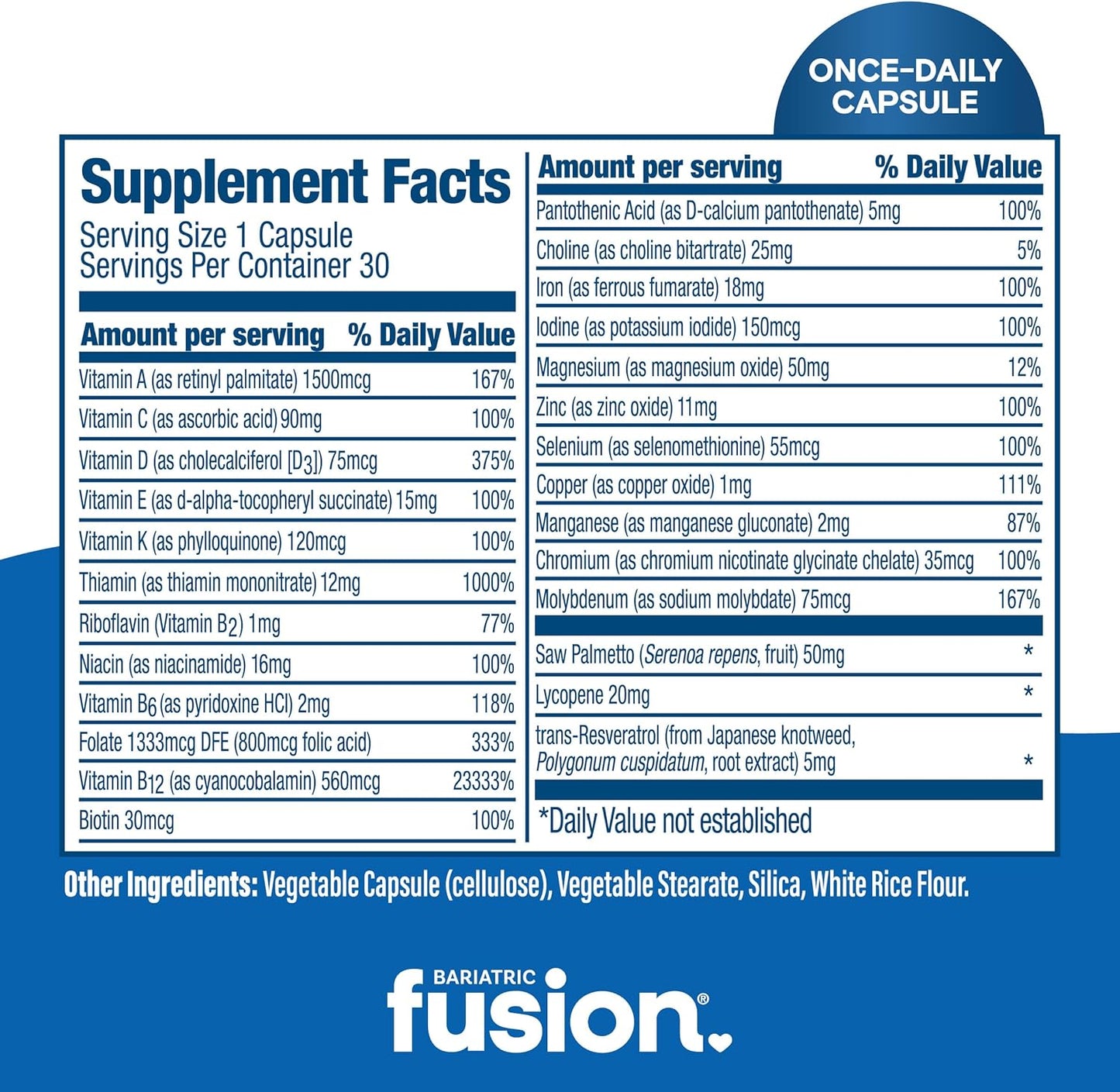 Men's Bariatric Fusion One Per Day Multivitamin with Iron - Prostate & Heart Support - 30 Capsules