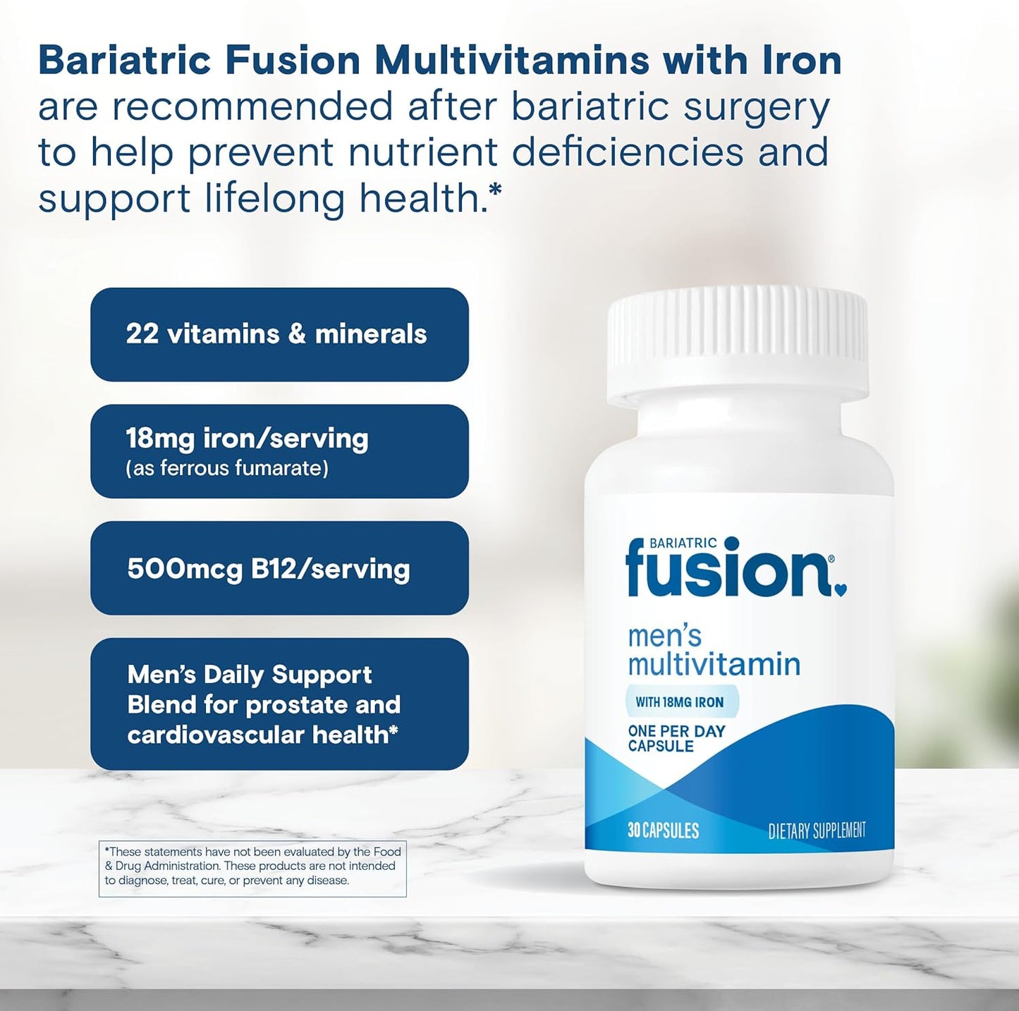 Men's Bariatric Fusion One Per Day Multivitamin with Iron - Prostate & Heart Support - 30 Capsules