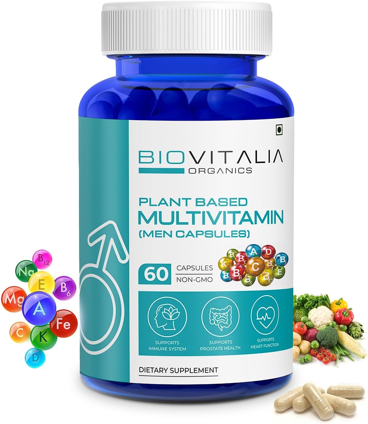 Men's Biovitalia Organic Multivitamin Capsules - Boost Immunity & Heart Health - Essential Vitamins, Minerals, Antioxidants - 60 Caps