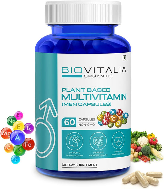 Men's Biovitalia Organic Multivitamin Capsules - Boost Immunity & Heart Health - Essential Vitamins, Minerals, Antioxidants - 60 Caps