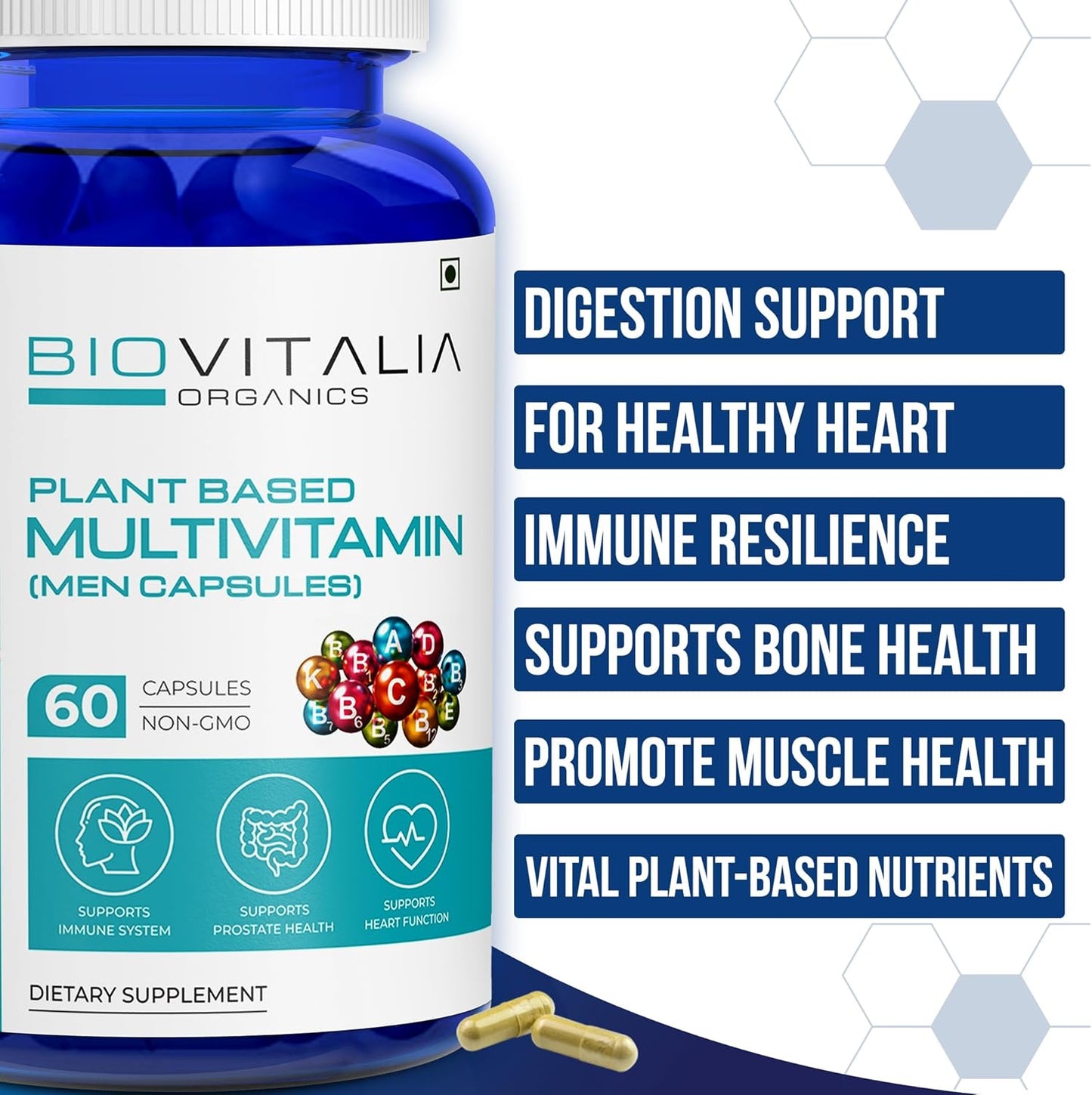 Men's Biovitalia Organic Multivitamin Capsules - Boost Immunity & Heart Health - Essential Vitamins, Minerals, Antioxidants - 60 Caps