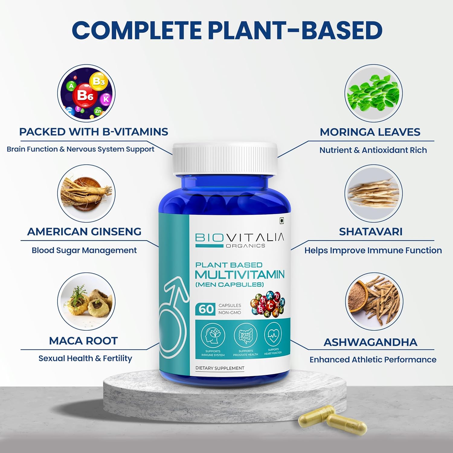 Men's Biovitalia Organic Multivitamin Capsules - Boost Immunity & Heart Health - Essential Vitamins, Minerals, Antioxidants - 60 Caps