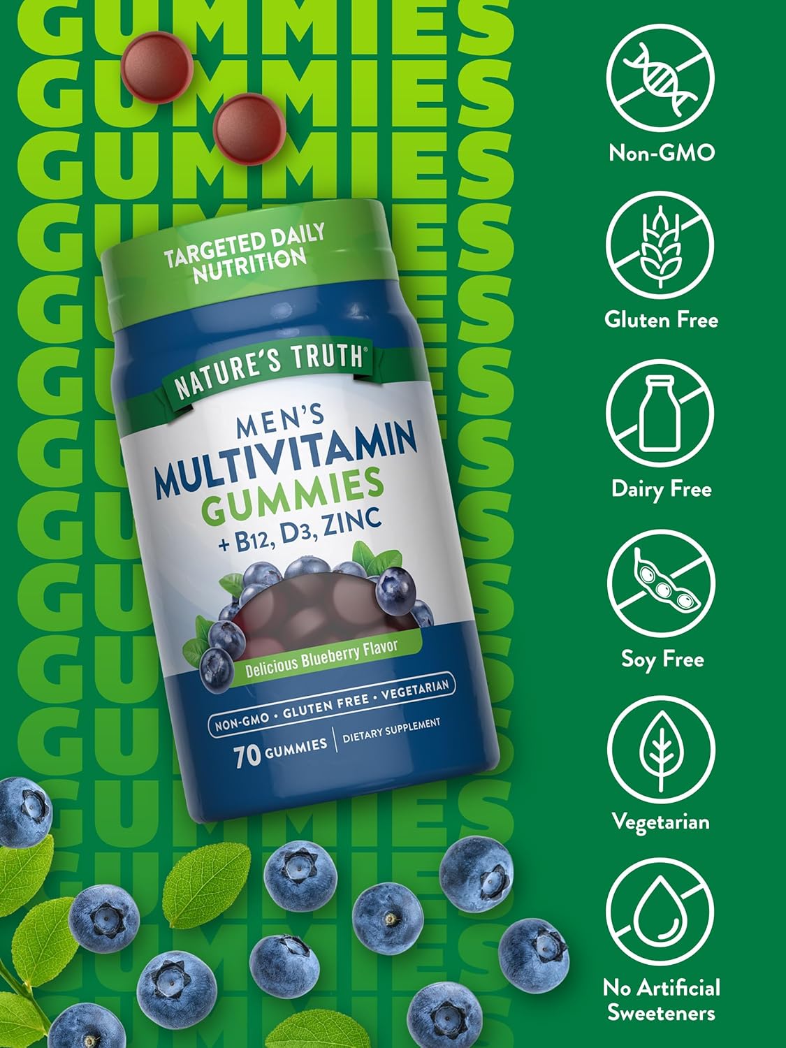 Men's Blueberry Multivitamin Gummies - 70 Count with B12, D3, and Zinc - Vegetarian, Non-GMO, Gluten Free Supplement by Nature's Truth