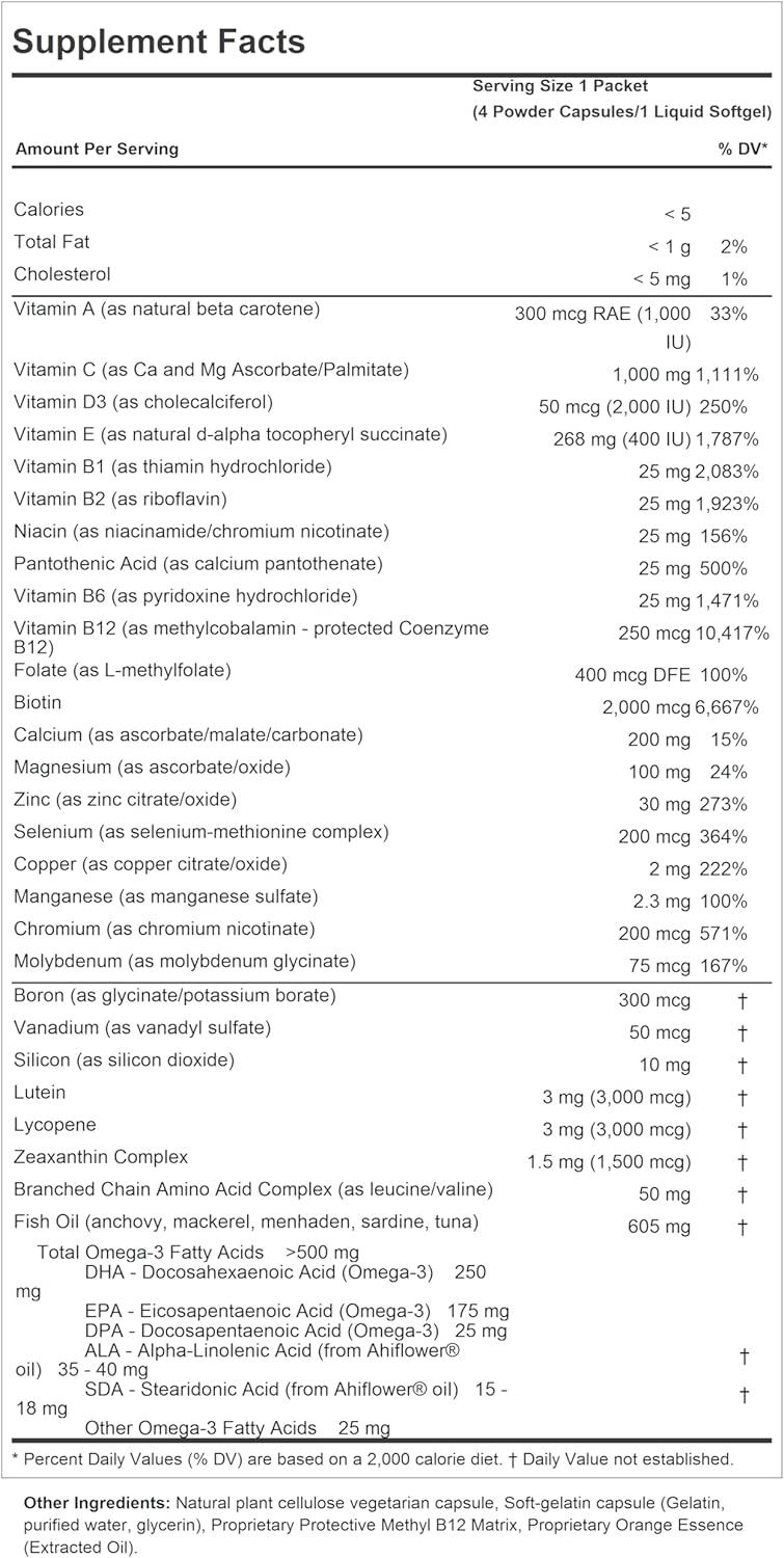 Men's Complete Multivitamin with Maximum Essential Omega-3 500mg - 30+ High Potencies, Minerals, Carotenoids - 120 Packets by ANDREW LESSMAN. No Additives.