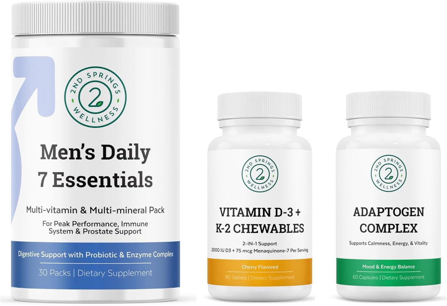 Men's Daily Essentials Bundle: Adaptogen Complex, Vitamin D3 + K2 Chewables - 2nd Springs