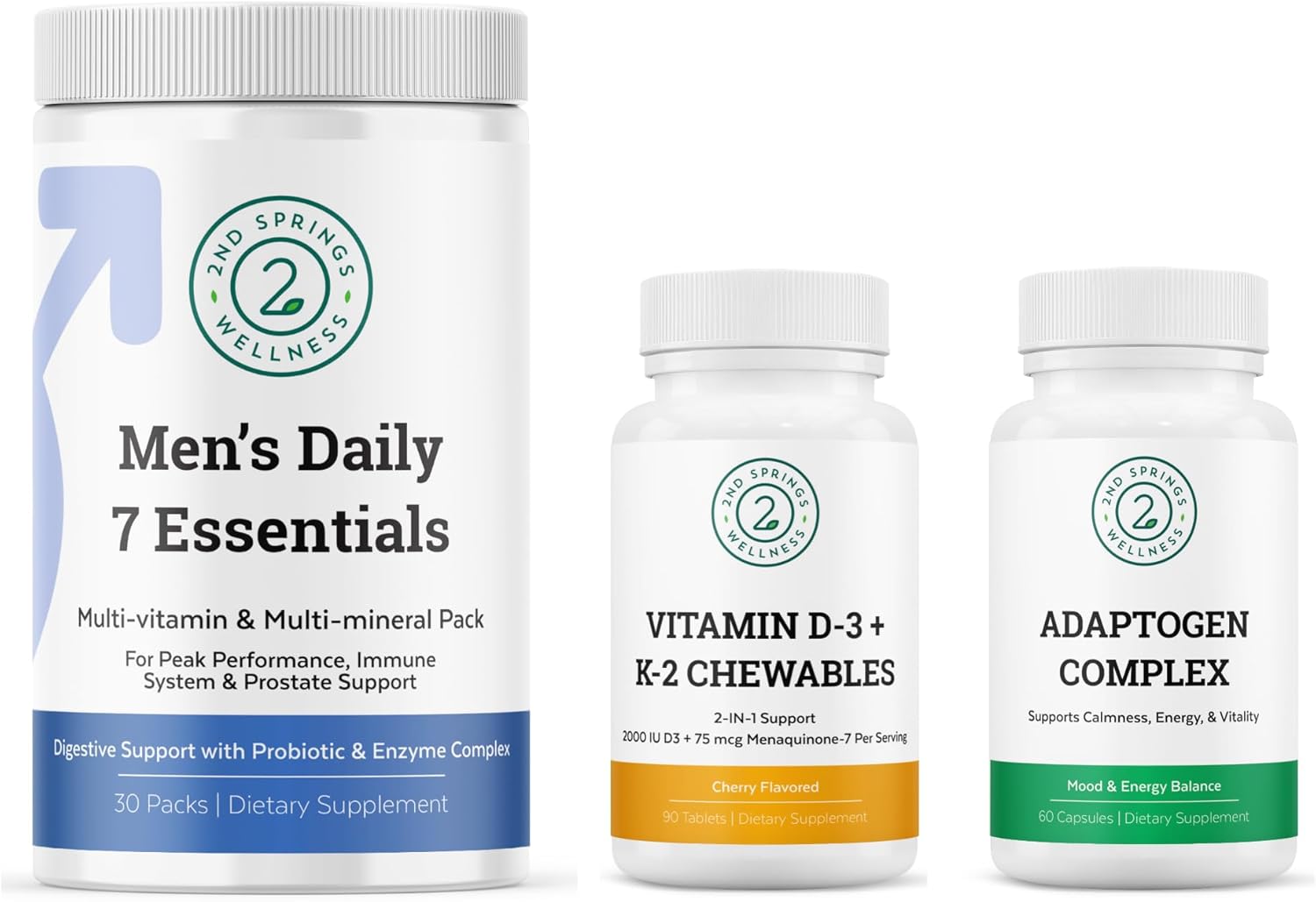 Men's Daily Essentials Bundle: Adaptogen Complex, Vitamin D3 + K2 Chewables - 2nd Springs