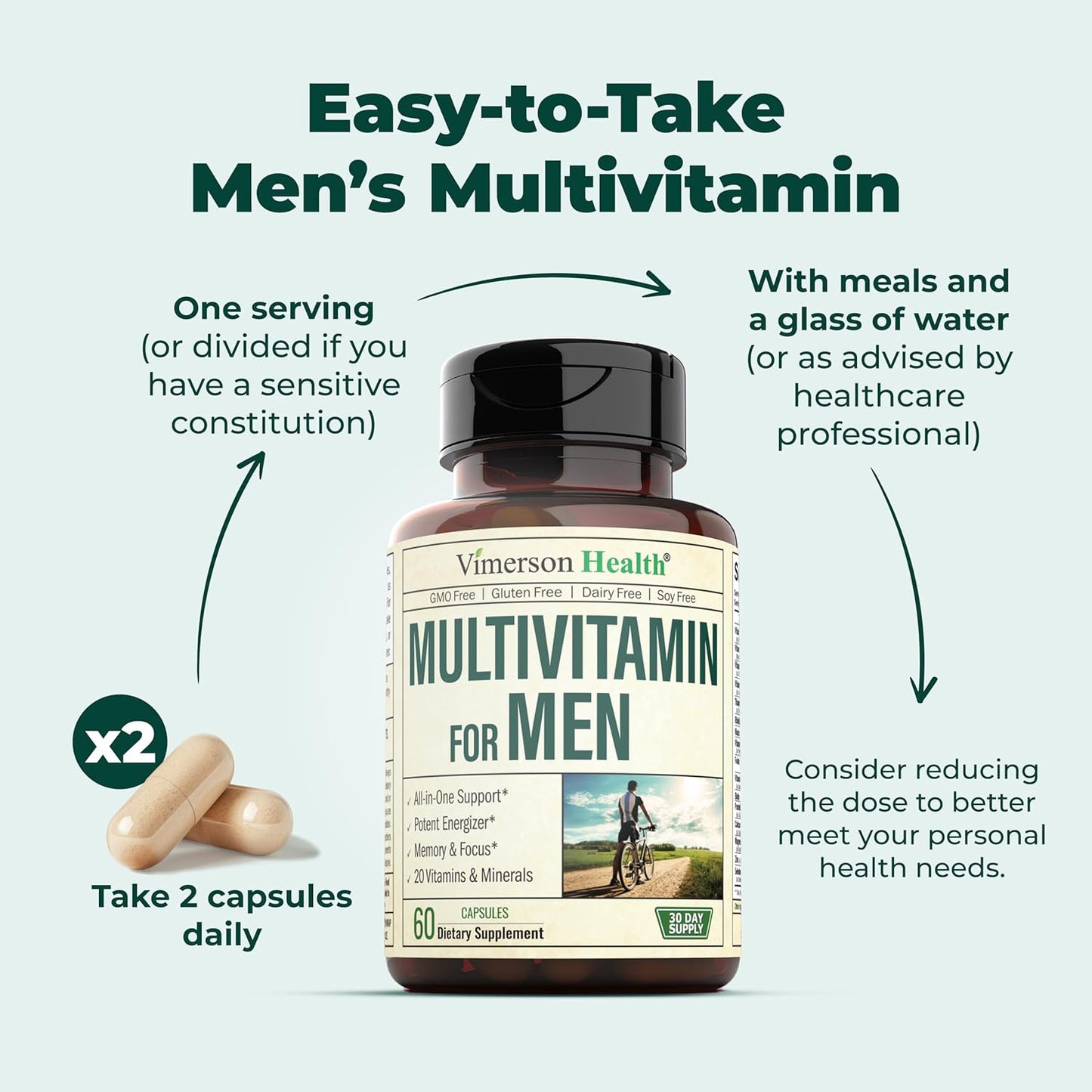 Men's Daily Multivitamin - Essential Vitamins & Minerals for Energy, Focus, and Health - 60 Capsules by Vimerson Health