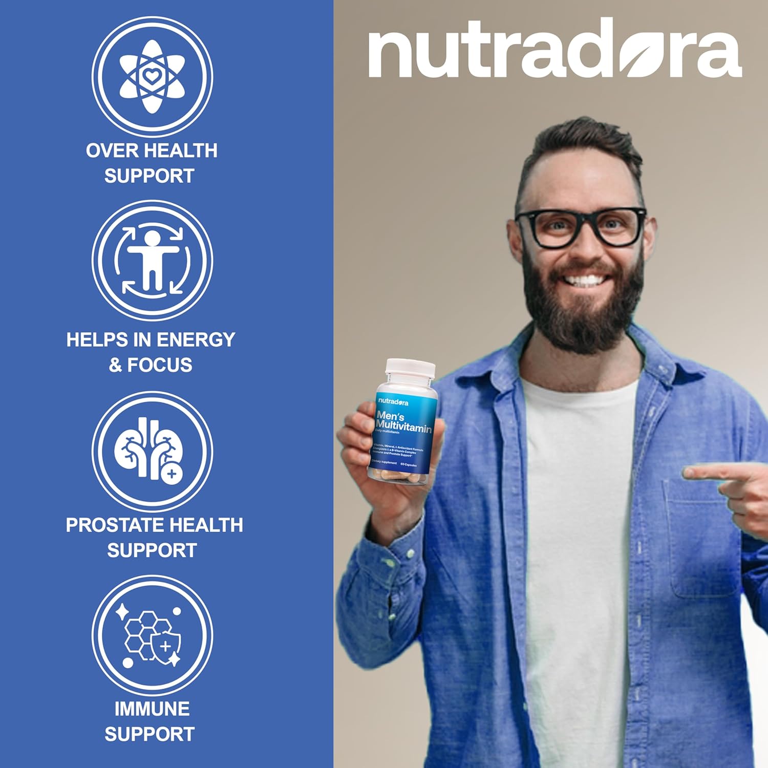 Men's Daily Multivitamin Supplement for Vitality, Focus, & Performance -  A, C, D, E, B12, Zinc, Calcium, Magnesium & More - 1 Pack