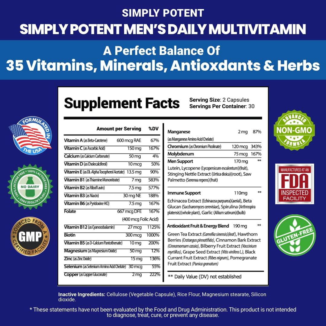 Men's Daily Multivitamin with 35 Vitamins, Minerals, and Antioxidants for Energy, Focus, and Immune Support - 60 Capsules