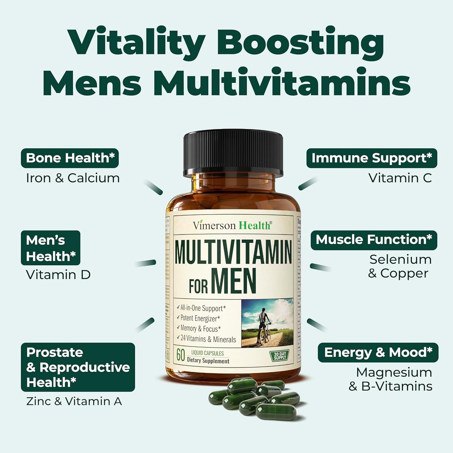 Men's Daily Multivitamin with Essential Vitamins and Minerals for Energy, Focus, and Health - 60 Liquid Capsules