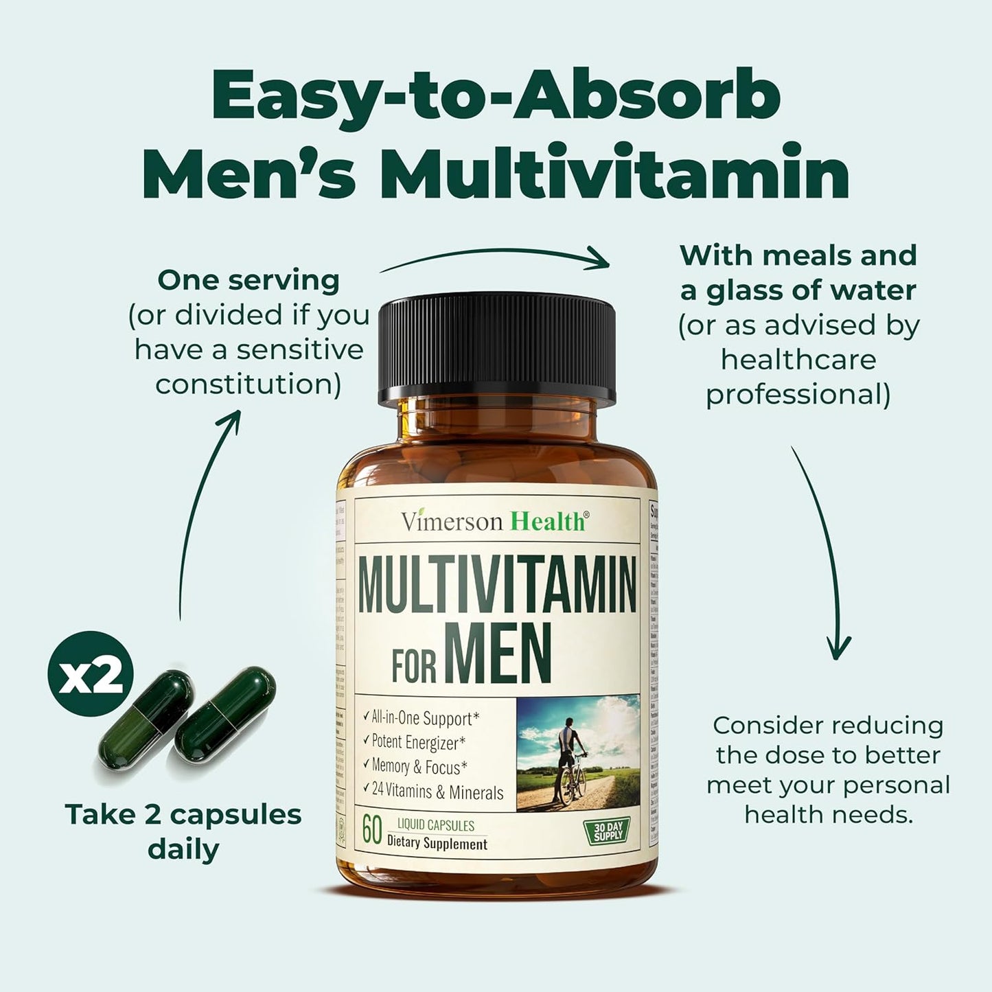 Men's Daily Multivitamin with Essential Vitamins and Minerals for Energy, Focus, and Health - 60 Liquid Capsules