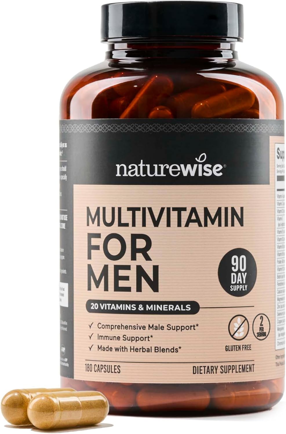 Men's Daily Multivitamin with Minerals & Herbs - Energy, Immunity, Performance - 180 Capsules - Non-GMO, Soy & Gluten-Free - 3-Month Supply