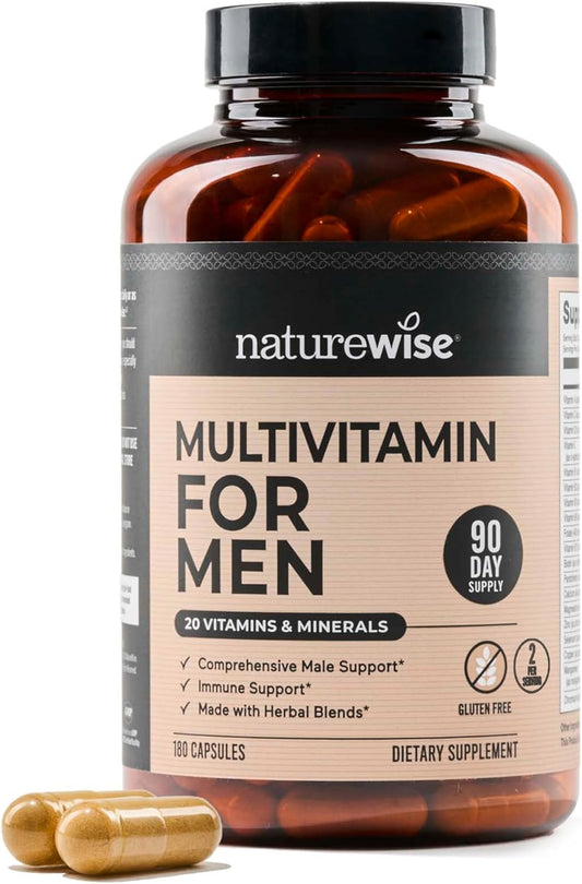 Men's Daily Multivitamin with Minerals & Herbs - Energy, Immunity, Performance - 180 Capsules - Non-GMO, Soy & Gluten-Free - 3-Month Supply
