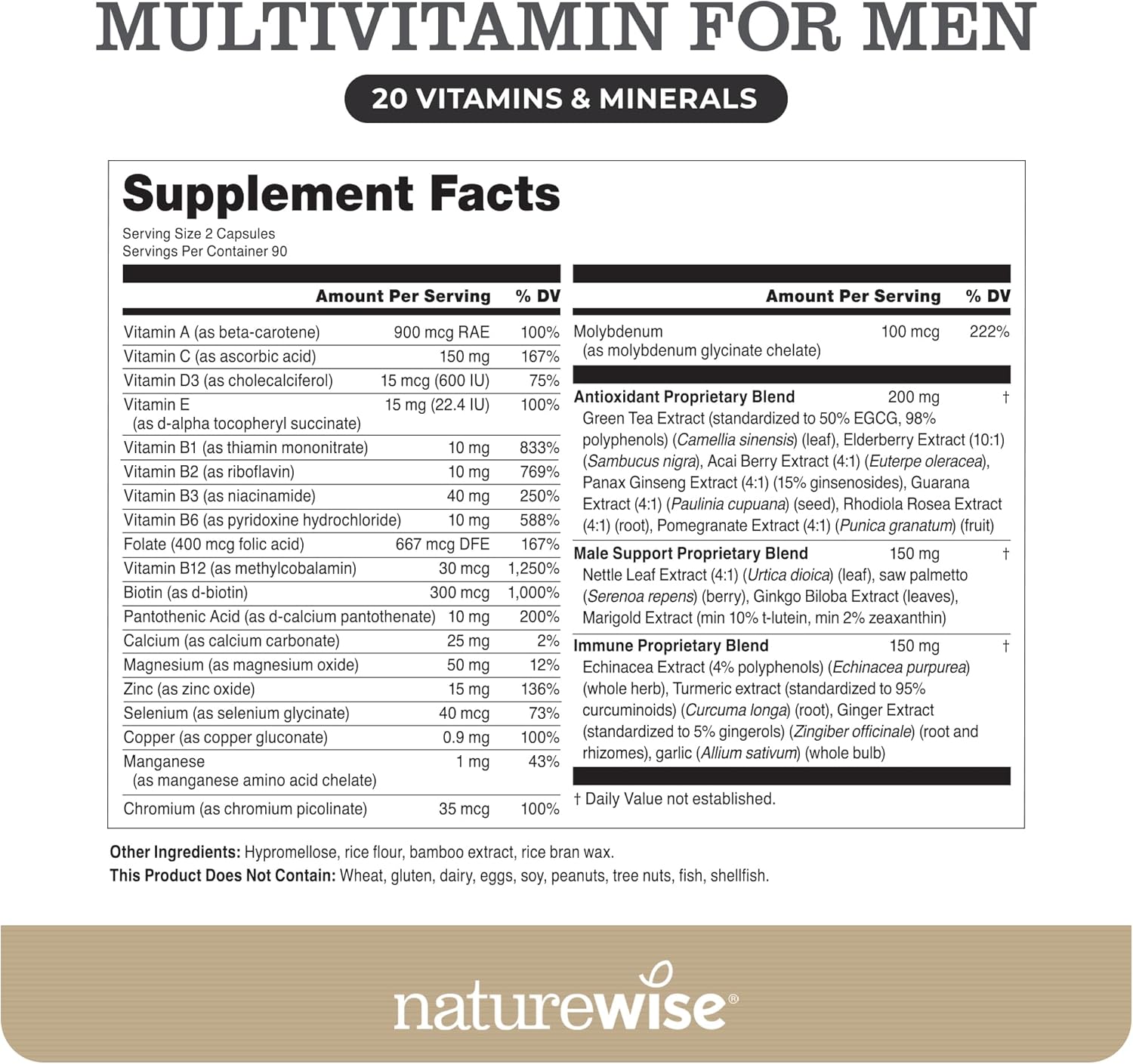 Men's Daily Multivitamin with Minerals & Herbs - Energy, Immunity, Performance - 180 Capsules - Non-GMO, Soy & Gluten-Free - 3-Month Supply