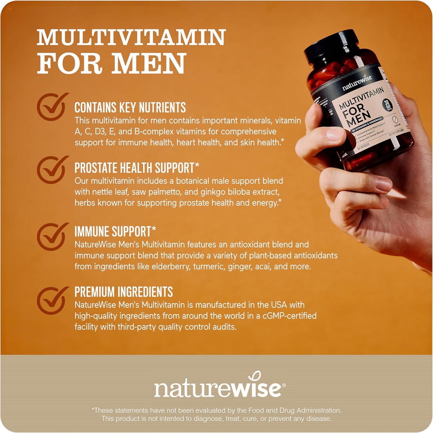 Men's Daily Multivitamin with Minerals & Herbs - Energy, Immunity, Performance - 180 Capsules - Non-GMO, Soy & Gluten-Free - 3-Month Supply