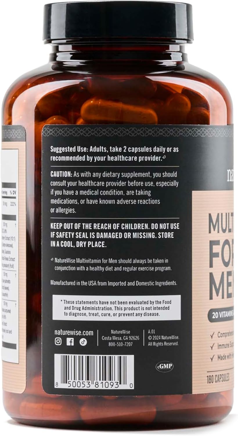 Men's Daily Multivitamin with Minerals & Herbs - Energy, Immunity, Performance - 180 Capsules - Non-GMO, Soy & Gluten-Free - 3-Month Supply