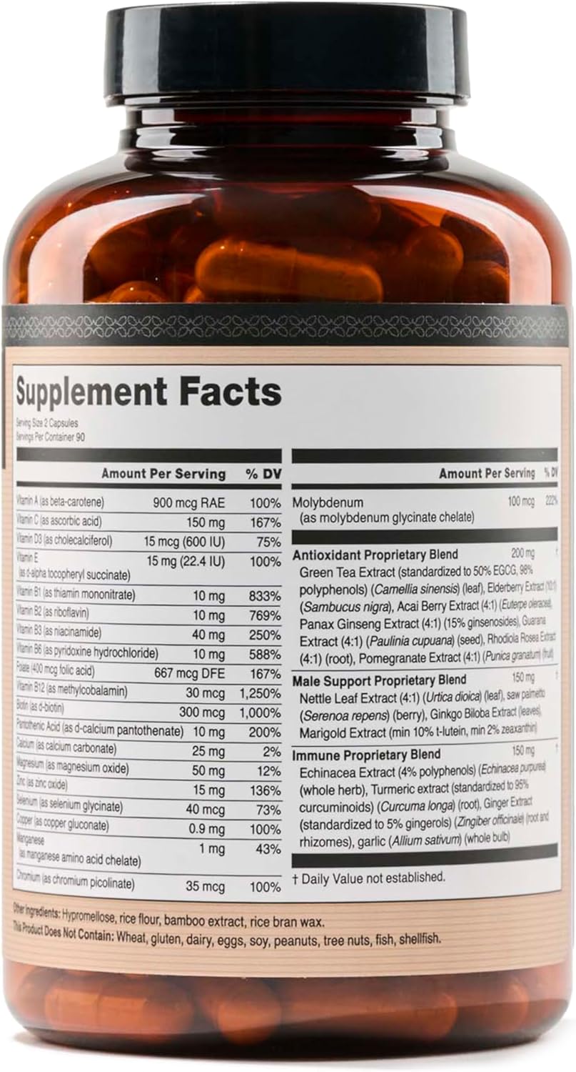 Men's Daily Multivitamin with Minerals & Herbs - Energy, Immunity, Performance - 180 Capsules - Non-GMO, Soy & Gluten-Free - 3-Month Supply