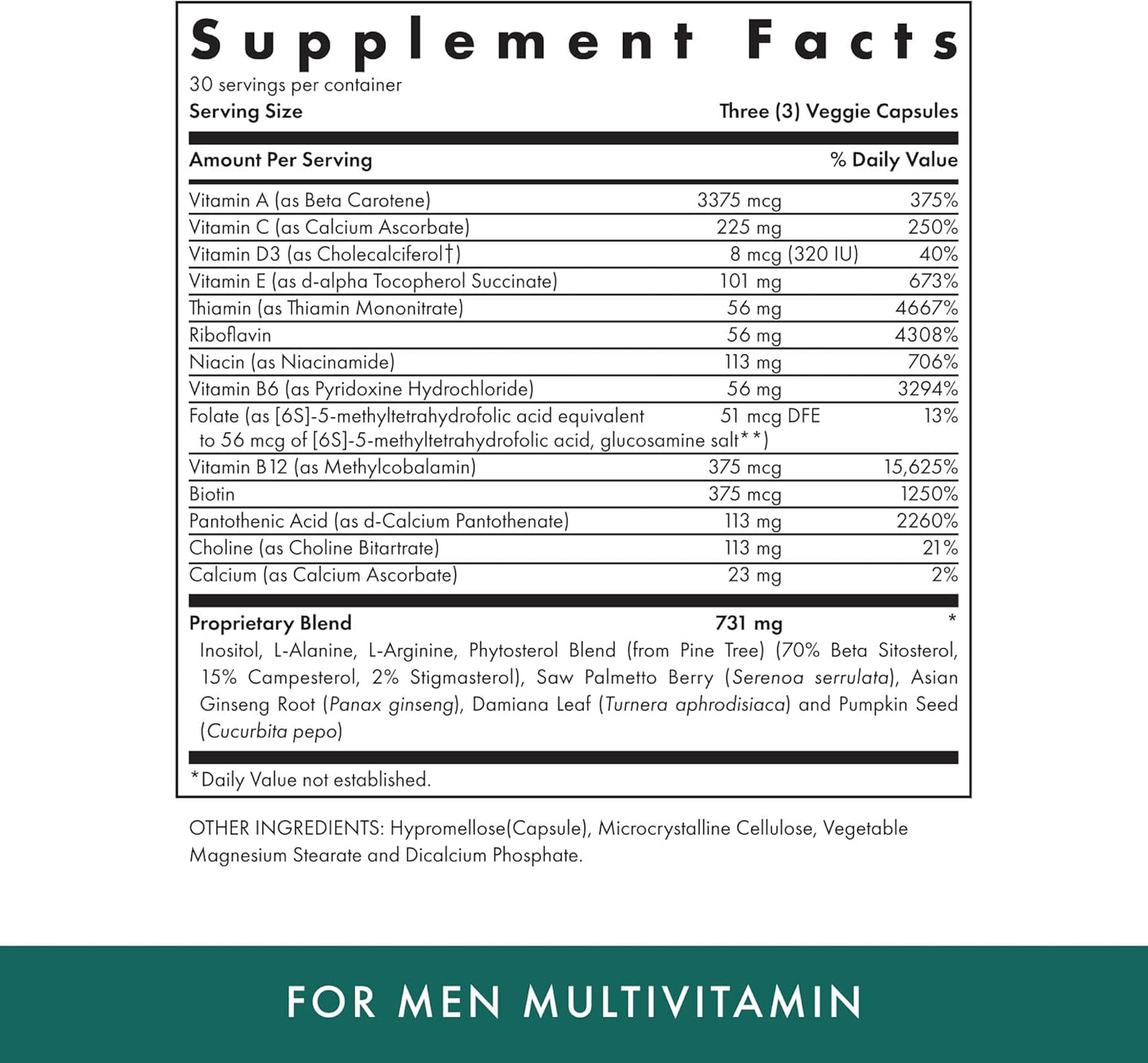Men's Daily Multivitamin with Prostate Health Support - 90 Vegetarian Capsules - Vitamins A, C, D & E, B Complex - Kosher - 30 Servings