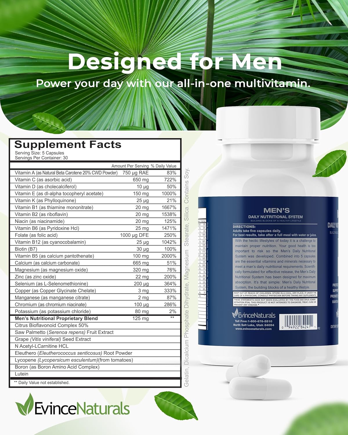 Men's Daily Multivitamin with Saw Palmetto - Essential Vitamins for Overall Wellbeing & Prostate Support - 150 Capsules by EvinceNaturals