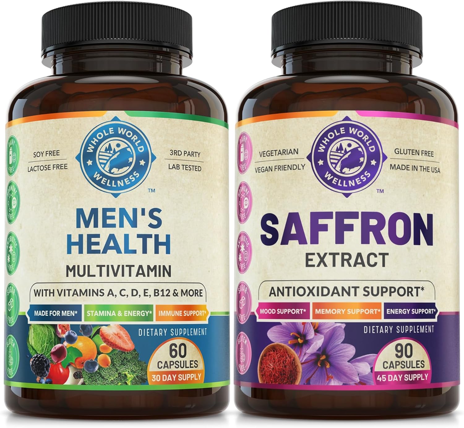 Men's Daily Multivitamins & Saffron Extract Bundle for Holistic Wellness, Energy, Mood - USA Made